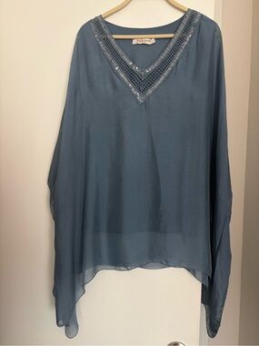 Caramel Dusty Blue Beaded V-Neck Tunic